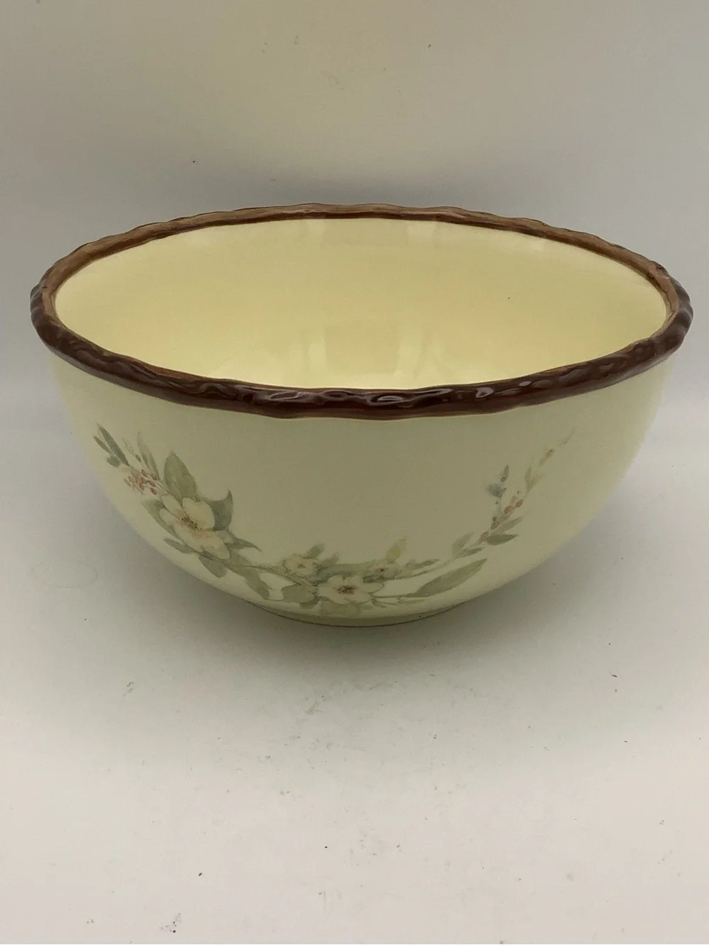 Cream Stoneware Bowl with Brown Twig Rim and Bird Floral Accents